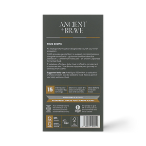 back of Ancient + Brave 'True Biome' sachet packaging on a white background