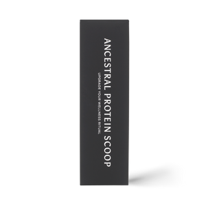 Black Ancestral Protein Scoop packaging with 'Ancestral Protein Scoop' branding on a blank background