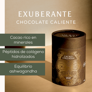 Chocolate caliente packaging with text on a beige background