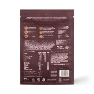 Back view of a Brave Ancestral Protein package with text and nutrition information on a blank background