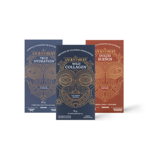 Three boxes of Ancient & Brave sachet products including ‘Wild Collagen, True Hydration and True Nightcap' on a white background