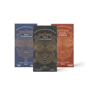 Three boxes of Ancient & Brave sachet products including 'True Collagen, True Hydration and True Nightcap' on a white background