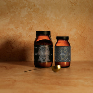 A jar of 'True Collagen' and 'True Creatine+' on a textured background
